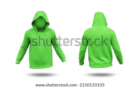 Blank green hoodie mock up template, front and back view, isolated on white, plain hoodie mockup. Hoodie design presentation for print. Royalty-Free Stock Photo #2150133103