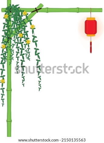 Vertical bamboo arch frame with red asian lantern and jasmine vines vector illustration Royalty-Free Stock Photo #2150135563
