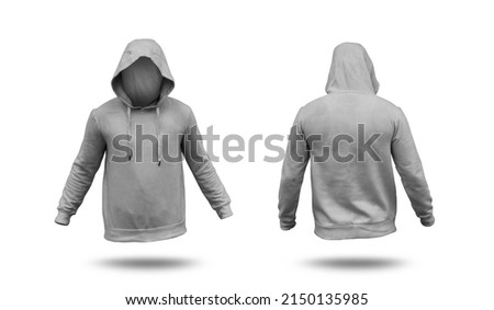 Blank grey hoodie mock up template, front and back view, isolated on white, plain hoodie mockup. Hoodie design presentation for print.