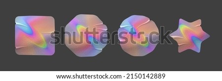 Holographic rainbow metallic sticker with folds realistic textured mockups. Authenticity metal emblem or official holography label. Vector guarantee certification metallic icon. Quality badge template Royalty-Free Stock Photo #2150142889