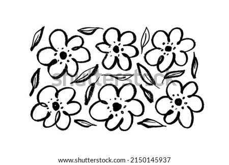 Set of linear flowers isolated on white background. Hand drawn ink drawing flowers with leaves, monochrome artistic botanical illustration. Anemones, peonies, chrysanthemums isolated cliparts.