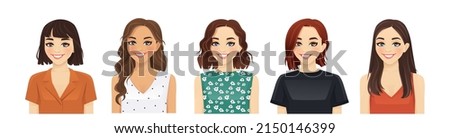 Portrait of casual women with different hairstyles and outfits isolated vector illustration Royalty-Free Stock Photo #2150146399