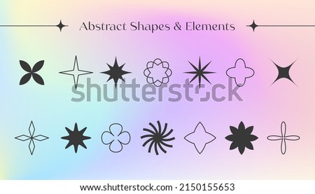 Vector set of geometric shapes with mesh gradient background.Abstract icons or symbols in y2k aesthetic.Trendy design elements for banners,social media marketing,branding,packaging,covers. Royalty-Free Stock Photo #2150155653