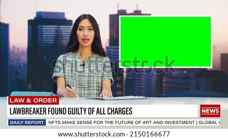 Split Screen TV News Live Report: Female Anchor Talks, Reporting. Reportage Montage with Picture in Picture Green Screen, Side by Side Chroma Key. Television Program Channel Playback. Luma Matte