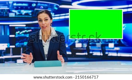 Split Screen TV News Live Report: Female Anchor Talks, Reporting. Reportage Montage with Picture in Picture Green Screen, Side by Side Chroma Key. Television Program Channel Playback. Luma Matte