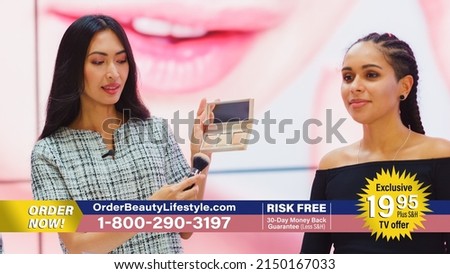 TV Commercial Infomercial: Female Host, Beauty Expert uses Blush Contour Palette on a Beautiful Black Model, Present Best Beauty Products, Cosmetics. Playback Television Advertisement Channel