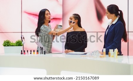 TV Commercial Infomercial: Female Host, Beauty Makeup Artist uses Blush Contour Palette on Beautiful Black Model, Present Best Beauty Products, Cosmetics. Playback Television Advertisement Channel