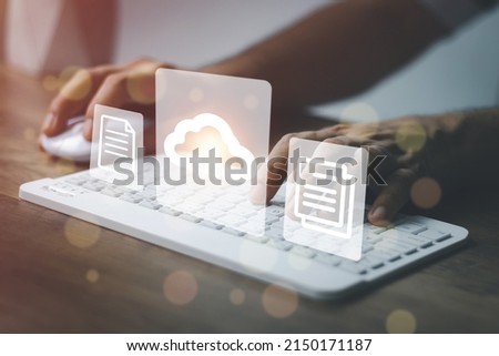 Document Management System(dms) concept. Male hands operating a computer. to manage online that is easy, convenient, fast and enhances the efficiency of digital transformation for the organization