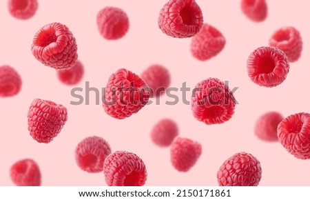 Various falling fresh ripe raspberries on light pink background, horizontal composition Royalty-Free Stock Photo #2150171861