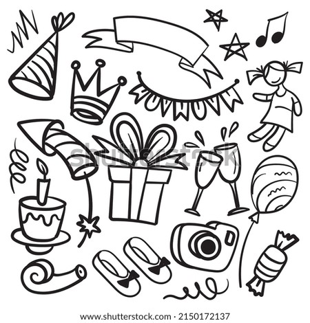 Monochrome doodle happy birthday or party celebration set of elements. Vector illustration isolated on white background.
