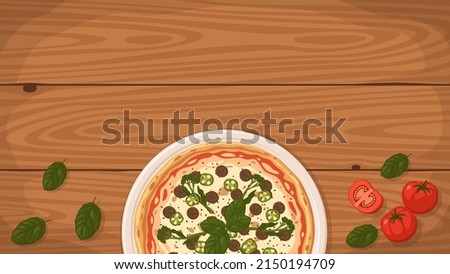 Detailed flat vector illustration of a delicious Italian style Pizza Carrettiera on a plate surrounded with fresh ingredients. Room for text.