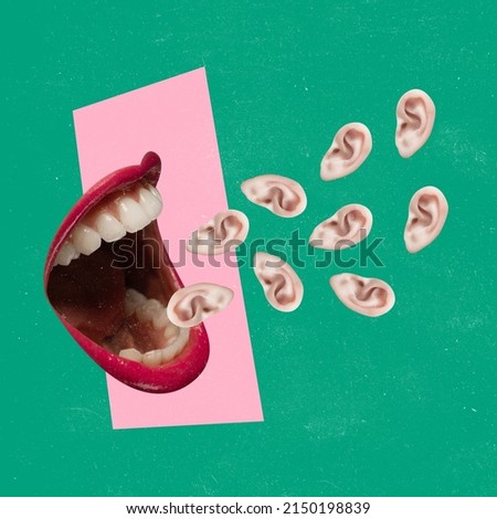 Contemporary art collage. Giant female mouth surrounded by many ears isolated over green pink background. Gossips. Concept of creativity, surrealism, bright design, information, ad Royalty-Free Stock Photo #2150198839