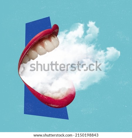 Contemporary art collage. Female mouth with red lipstick blowing smoke made from clouds isolated over blue background. Stop smoking. Concept of creativity, addiction, imagination, surrealism, ad