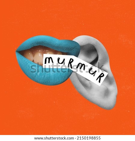 Contemporary art collage. Female mouth whispering to human ears lovely words isolated over orange background. Cheerful talk. Concept of creativity, surrealism, imagination, fun, emotions, ad
