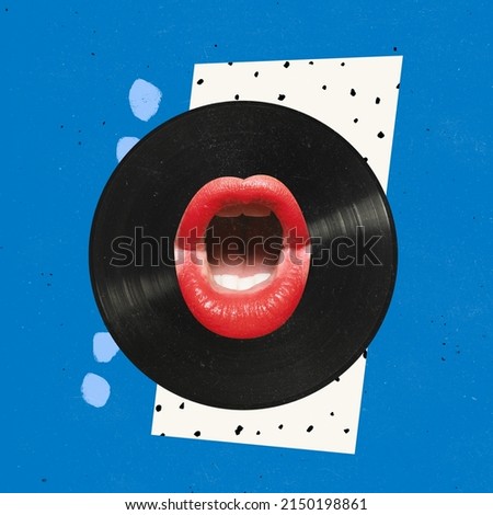 Contemporary art collage. Contemporary art collage. Female mouth with red lipstick singing on retro vinyl record isolated over blue background. Concept of creativity, surrealism, bright design, ad