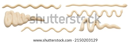 Mayonnaise sauce in the form of lines. Collection of wavy lines of mayonnaise sauce isolated on white background. Royalty-Free Stock Photo #2150203129