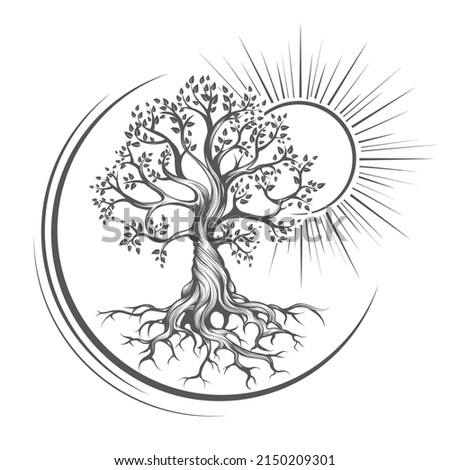 Tattoo of Tree of Life Esoteric Drawn in Engraving Style isolated on white. Vector Illustration. Royalty-Free Stock Photo #2150209301