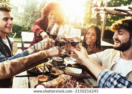Group of friends having fun at bbq dinner in garden restaurant - Multiracial people cheering red wine sitting outside at bar table - Social gathering, youth and beverage lifestyle concept Royalty-Free Stock Photo #2150216245