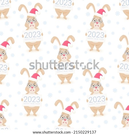 Holiday Seamless Pattern with Tired Rabbit in Santa Hat. Text Happy New Year 2023. Winter Wallpaper with Funny Bunny. Vector Illustration. 