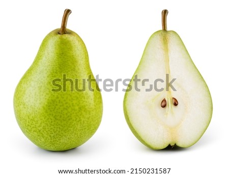Pear isolated. One whole green pear and a half of fruit on white background. Pear slice. With clipping path. Full depth of field.  Royalty-Free Stock Photo #2150231587