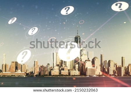 Abstract virtual question mark sketch on Manhattan cityscape background, FAQ and research concept. Double exposure