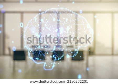 Double exposure of creative human brain microcircuit hologram on a modern boardroom background. Future technology and AI concept