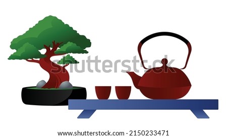 Japanese tea ceremony. Iron teapot, cup, bonsai tree, orient culture, home decor element. Japanese herbal tea. Traditional green tree in asian style. Vector illustration in modern style.