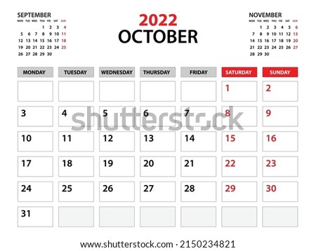 Calendar 2022 template, October 2022 year, planner template, monthly and yearly planners, week start monday, wall calendar design, corporate planner, Desk calendar 2022, printing, vector