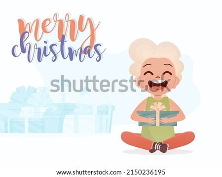 A cute little girl is holding a gift in her hands. Merry christmas banner. Flat style. Vector illustration