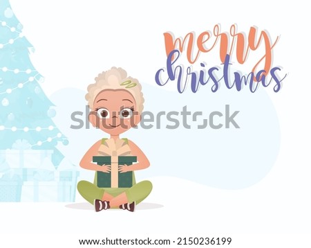 A little girl is holding a gift in her hands. New Year concept. Cartoon style. Vector illustration