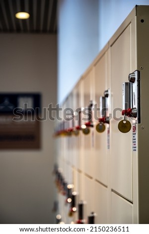 Rows of lockers for self-service storage of items at a public location