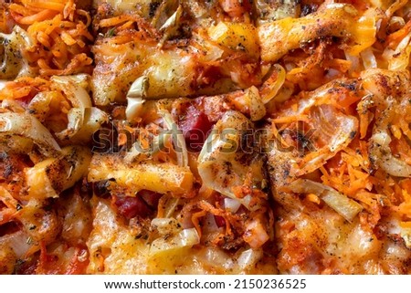  Texture of pizza with salami, onion, carrot and cheese