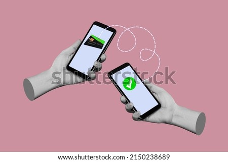 Two hands holding mobile phones transferring funds between accounts isolated on a pink background. Money transfer using an electronic wallet. 3d trendy collage. Contemporary art. Modern design Royalty-Free Stock Photo #2150238689