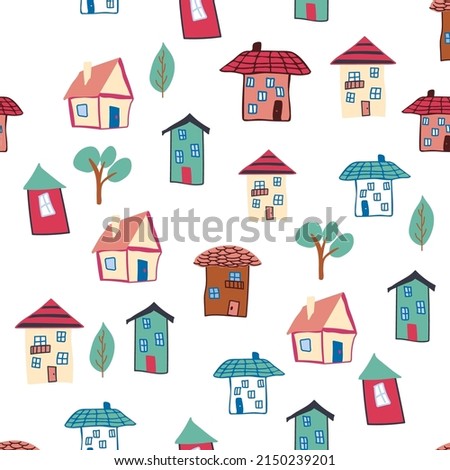 Pattern seamless kids with home doodle coloring element. house pattern, cute colorful homes, funny children decor