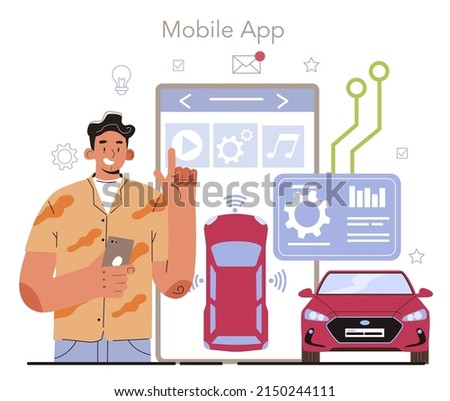 Self driving and electric car development online service or platform. Artificial intelligence for autonomus vehicle with GPS. Mobile app. Vector illustration