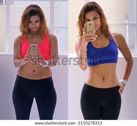 The new me. Shot of a woman before and after her diet. Royalty-Free Stock Photo #2150278313