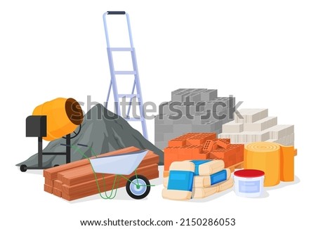 Set of piles of building materials. Loose building materials board brick metal elements. Vector illustration on a white background. Royalty-Free Stock Photo #2150286053