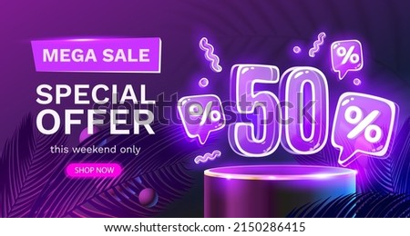 Mega sale special offer, Neon 50 off sale banner. Sign board promotion. Vector illustration