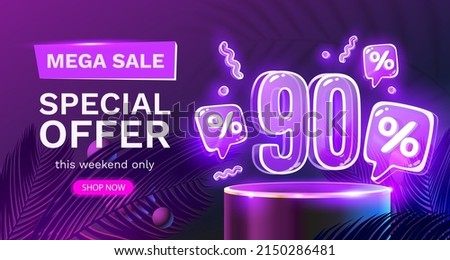 Mega sale special offer, Neon 90 off sale banner. Sign board promotion. Vector illustration Royalty-Free Stock Photo #2150286481