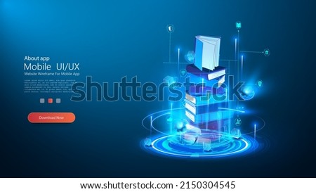 Futuristic projection of a stack of books. The concept of online e-learning of innovative knowledge. Concept of e-learning technology. Vector illustration