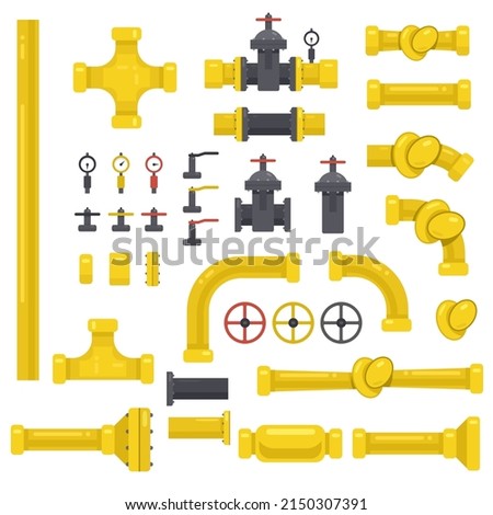 Illustration set of communication pipes components. Suitable for designating a gas pipeline, sewerage, water supply. Isolated objects on a white background. Simple concise style.