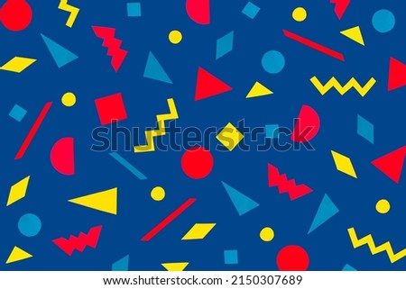 Creative geometric shapes made of vibrant colorful  paper on blue background. Abstract seamless design. Retrowave concept.  Pop art.