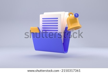 3D folder and documents with notification ring sign on grey background, documents icon, blue and yellow colors. 3d rendering Royalty-Free Stock Photo #2150317361