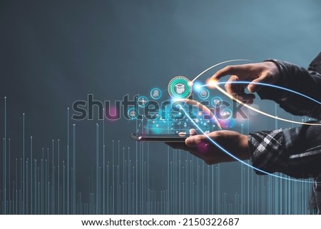 Hand holding virtual Global Internet connection metaverse. Business global internet connection application technology and digital marketing