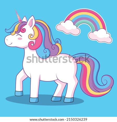Cute magic unicorn and rainbow. Vector design isolated on blue background. Hand drawn romantic illustration for children