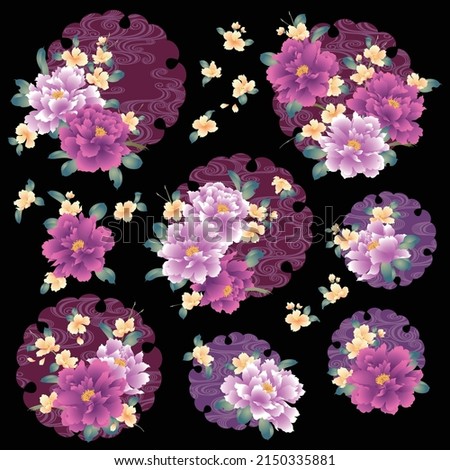 Material collection of Japanese style peony and cloud pattern,