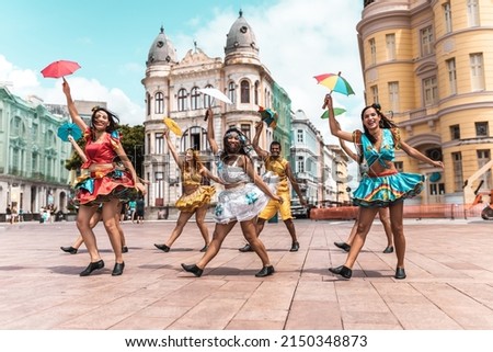 Frevo dancers at the street carnival in Recife, Pernambuco, Brazil. Royalty-Free Stock Photo #2150348873