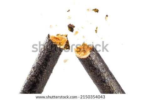 dried meat floss nori sticks broke into two on white background.   Royalty-Free Stock Photo #2150354043