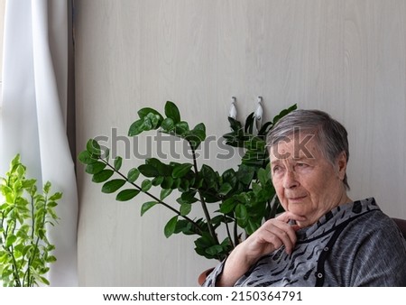 Close up portrait of senior woman in deep and sad thoughts. She almost crying, lonely elderly pensioner in depression, loneliness, with copy space, selective focus. Global Day of Parents