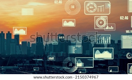 Business data analytic interface fly over smart city showing alteration future of business intelligence. Computer software and artificial intelligence are used to analyze big data for strategic plan .
